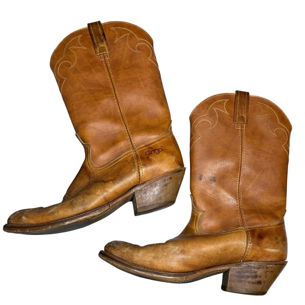 Vtg Dingo Mens Tan Leather Western Cowboy Boots Pointed Toe Stacked Heel Pull On